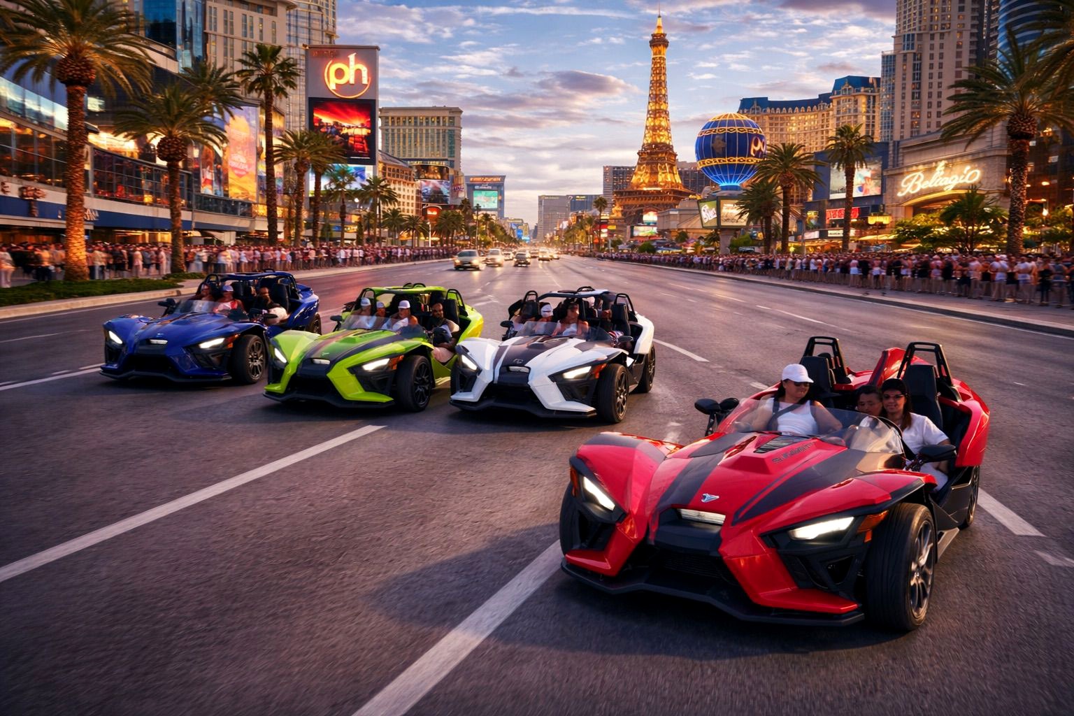 Slingshots cruising Las Vegas Strip at sunset