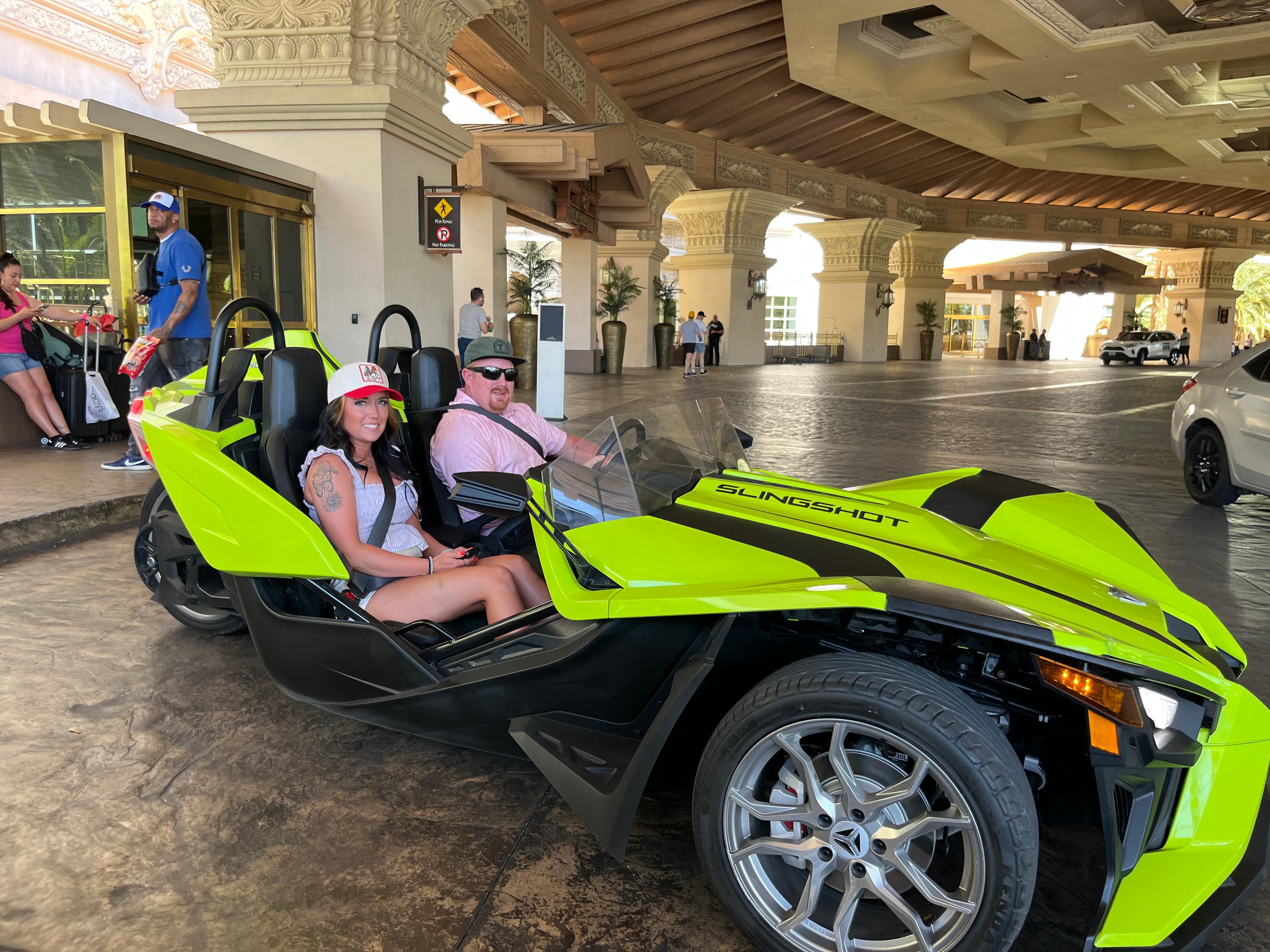 Couple in green Slingshot at Las Vegas hotel