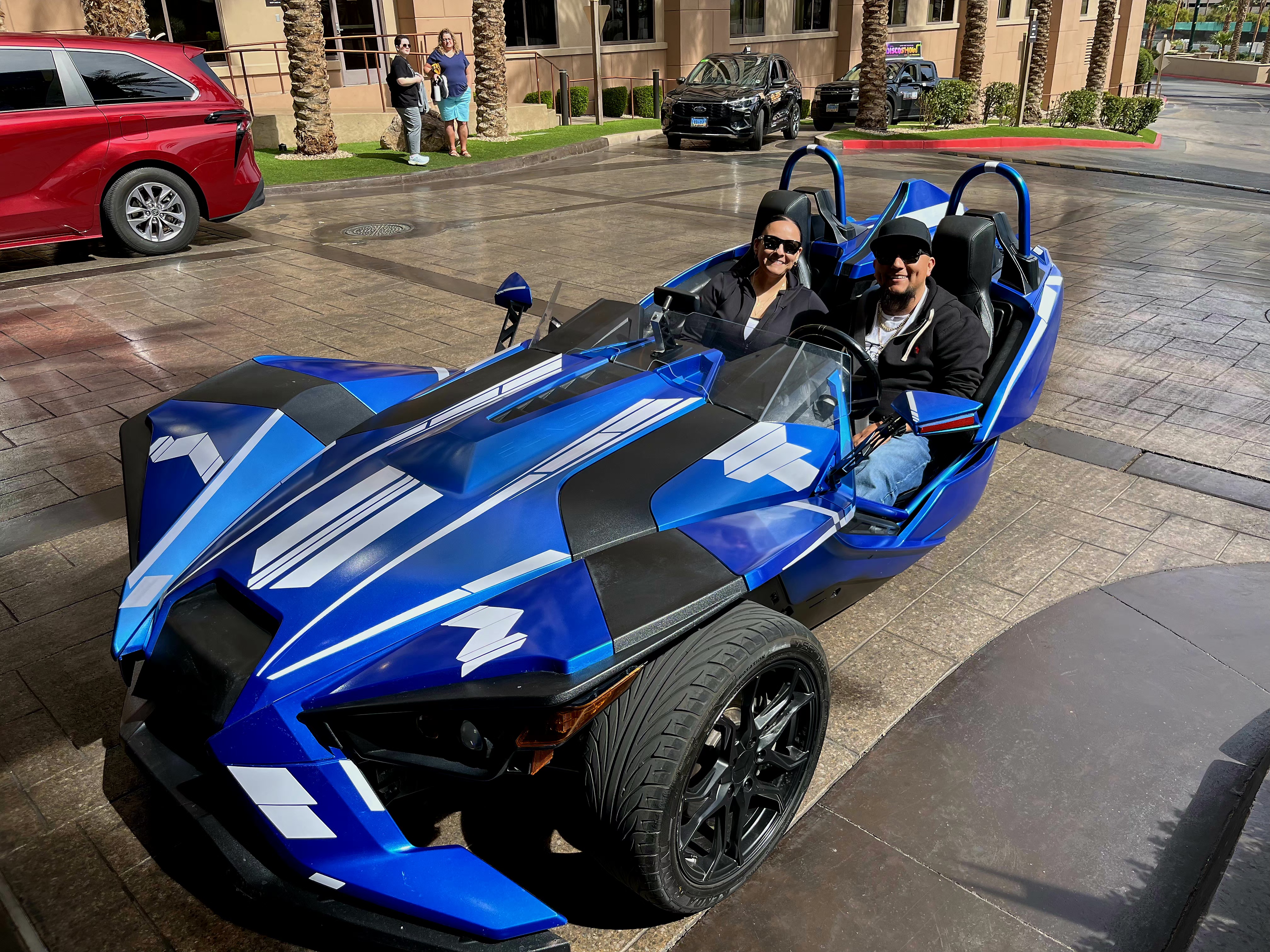 Couple in blue Slingshot at hotel Las Vegas