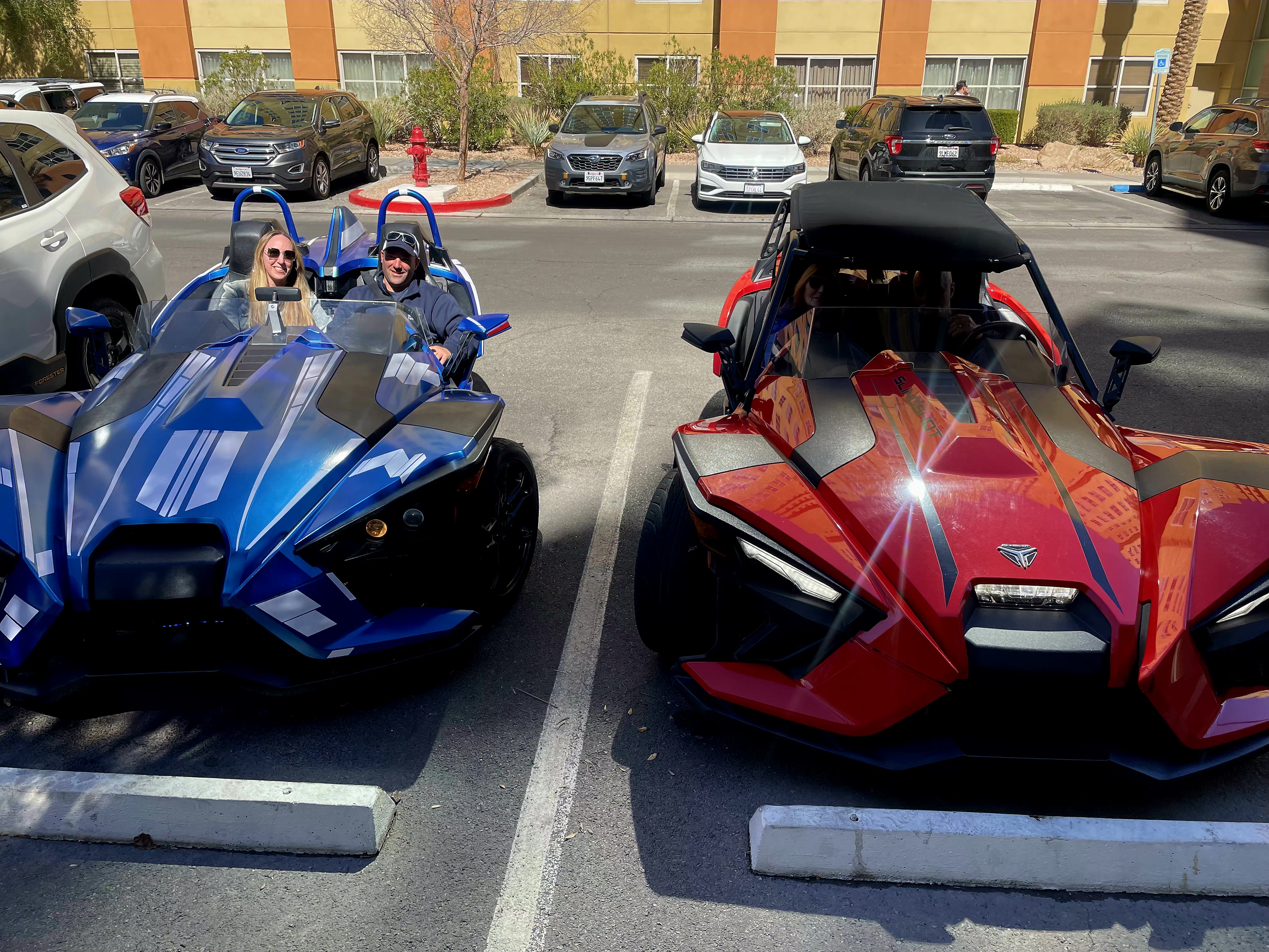 Blue and red Slingshots side by side Las Vegas